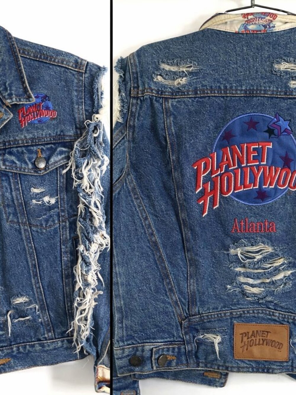 VTG 90s Planet Hollywood Atlanta Denim Jacket Distressed Embroidered Biker SZ 10